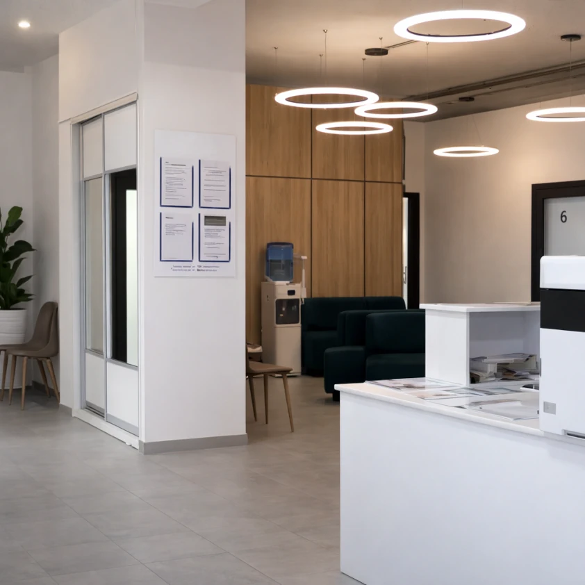 Сучасна рецепція медичного центру Добра Клініка з білою стійкою, інформаційними стендами на стіні, зеленим диваном у зоні очікування, кулером з водою та круглими підвісними LED-світильниками на стелі.