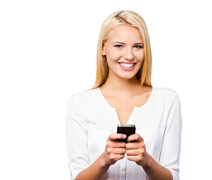 дівчина в руках мобільний телефон вона залишає заявку в медичному центрі Добра Клініка на консультацію