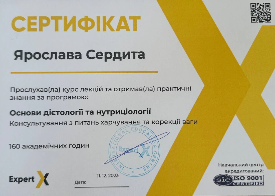 Лікарі Черкаси Нутриціолог Сердита Ярослава Сергіївна